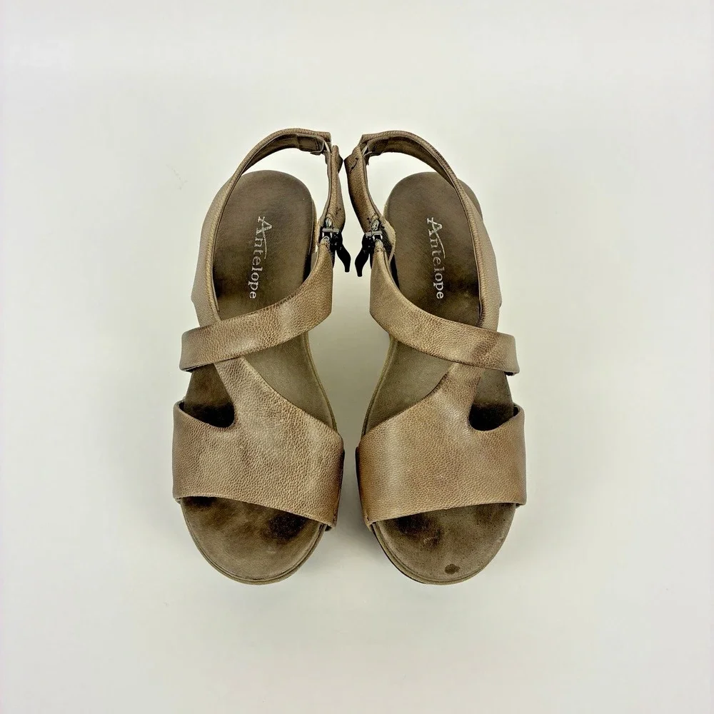 Antelope H43 Kaya Women's Metallic Taupe Leather Wedge Sandal EU 37 US 6.5